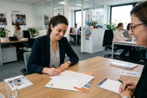 Assistance lors de l’élaboration d’un CDI intérimaire c’est quoi : une conseillère signe des documents avec une intérimaire dans un bureau d’agence d’intérim.