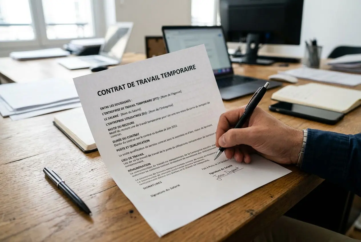 Contrat de travail temporaire en cours de signature sur un bureau, avec stylos et ordinateur à l’arrière. Travail intérimaire définition intégré naturellement.