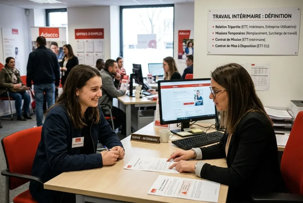 Deux femmes discutent à un guichet d’agence, une tableau « Travail intérimaire : définition » visible au mur, ambiance d’accueil et postes informatiques en arrière-plan.