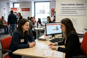Deux femmes discutent à un guichet d’agence, une tableau « Travail intérimaire : définition » visible au mur, ambiance d’accueil et postes informatiques en arrière-plan.
