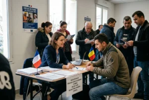 Deux personnes assises à une table de bureau, l’une en bleu et l’autre en jean, examinant des documents; drapeaux français et roumain sur la table. Plusieurs personnes font la queue pour des démarches liées à l’emploi et à l’embauche internationale. intégration du mot-clé: comment recruter travailleurs roumains.