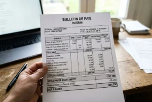 Document de paie intérimaire montrant le salaire brut et les cotisations pour un salarié en mission d’intérim, avec le titre Bulletin de Paie Intérim. Salaire net à payer et prélèvements affichés sur la feuille. Mot clé intégré: salaire intérim en france.