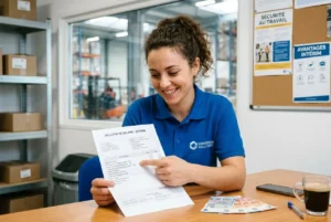 Femme en polo bleu riant, feuilletant un bulletin de salaire sur un poste de travail, avec billets et café sur la table, dans un bureau. Avantages intérim.