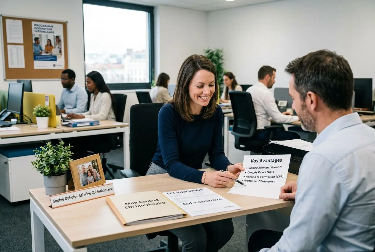 Une femme souriante échange avec un homme lors d’un entretien ou d’une information sur le CDI intérimaire, dans un open space avec des affiches et des documents sur le bureau. CDI intérimaire c'est quoi.
