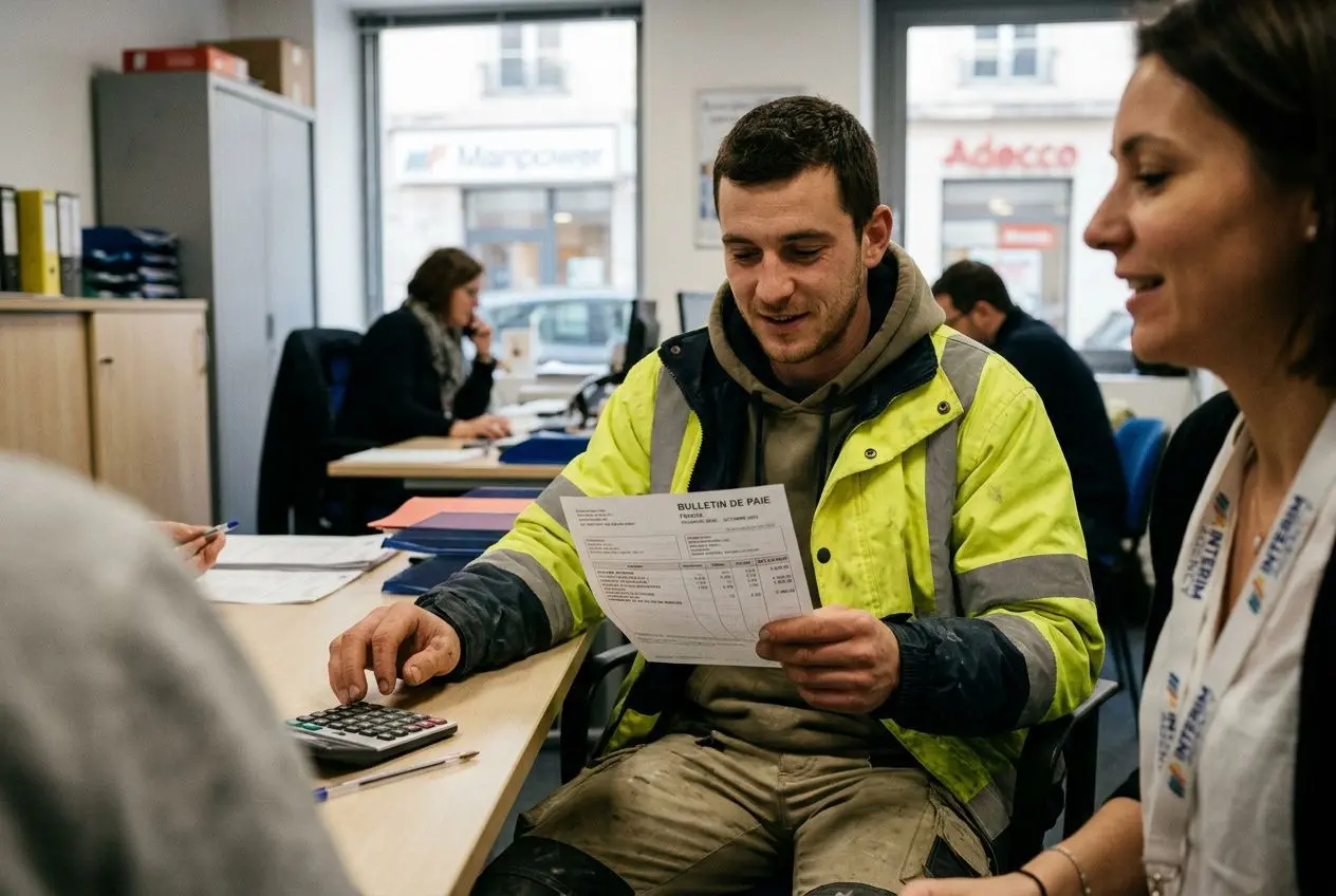 Homme intérimaire en jaune réfléchit sur son bulletin de paie et calcule son salaire, entouré d’une collègue dans un bureau. salaire intérim en france.