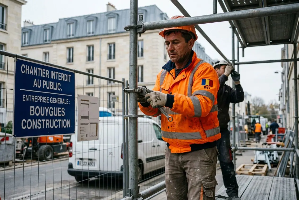 Homme ouvrier en combinaison orange et casque sur un chantier de construction, panneau "Chantier interdit au public" en arrière-plan.