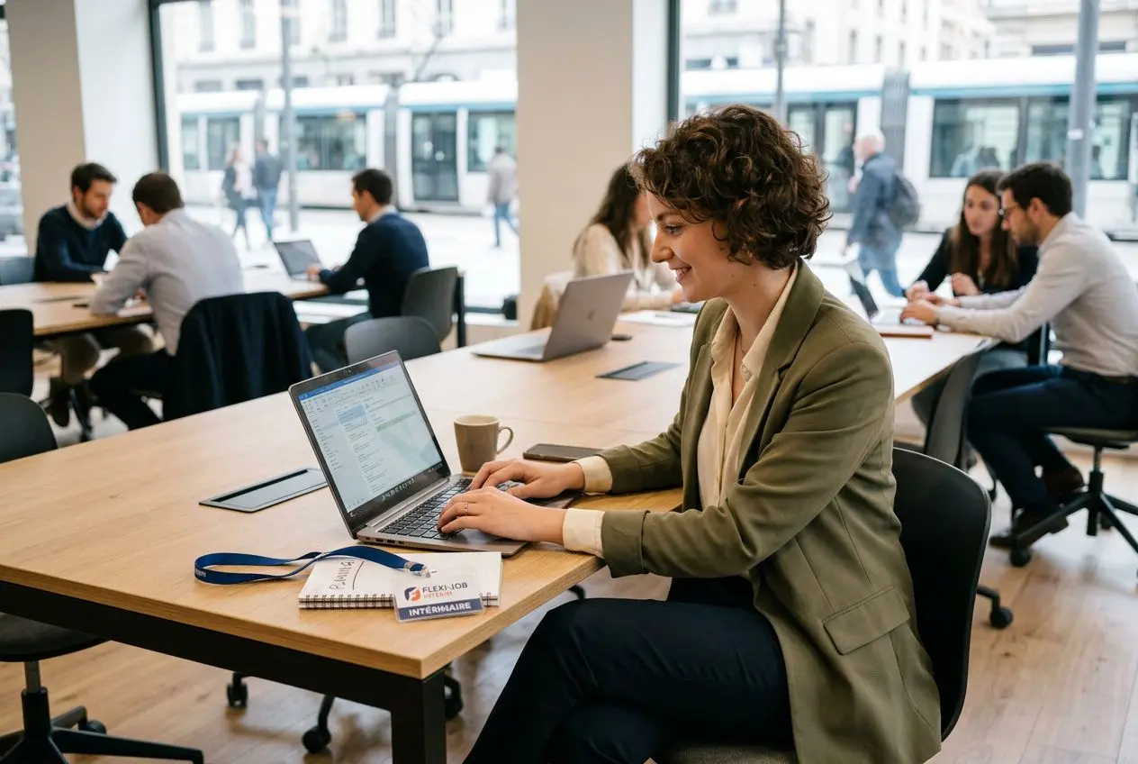 Personne travaillant sur un ordinateur portable dans une open space, entourée d’autres employés en arrière-plan. Avantages intérim montrés dans un cadre professionnel.