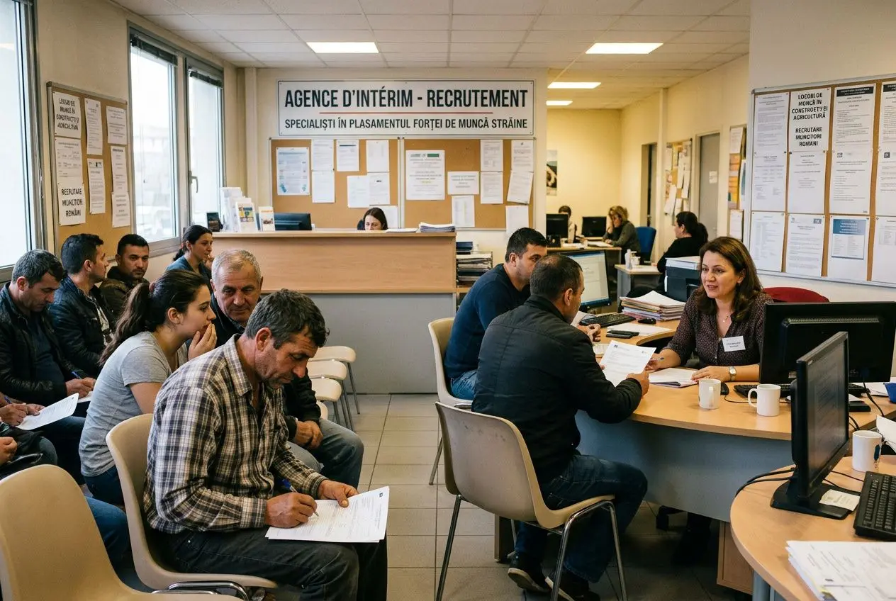 Salle de recrutement d’une agence d’intérim: demandeurs et agents discutant, affiches et documents sur les murs, signature de dossiers. Comment recruter travailleurs roumains intégré naturellement.