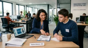 Deux professionnels en atelier d’intégration : une RH explique des documents à un intérimaire, sur une mesa avec ordinateur et carnet.