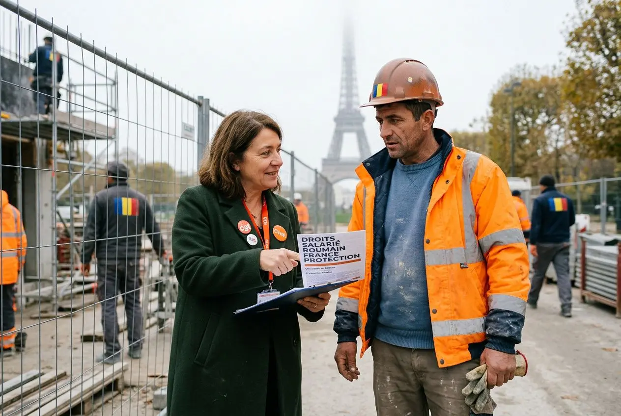 Deux travailleurs sur un chantier à Paris discutent; une responsable montre un livret intitulé Droits salariaux pour les travailleurs roumains, pendant que d’autres ouvriers en arrière-plan suivent les procédures. travailleurs roumains en france statut légal mentionné.