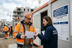 Deux travailleurs sur un chantier examinent des documents près d’un module de chantier; panneau d’affichage sur la réglementation du travail, et site en arrière-plan. Travailleur détaché en france réglementation.