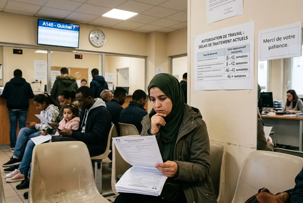 Une femme portant un hijab lit un document dans une salle d’attente administrative, entourée de personnes et de guichets, avec des affiches informatives au mur. - intégration: demande d'autorisation de travail pour un salarié étranger