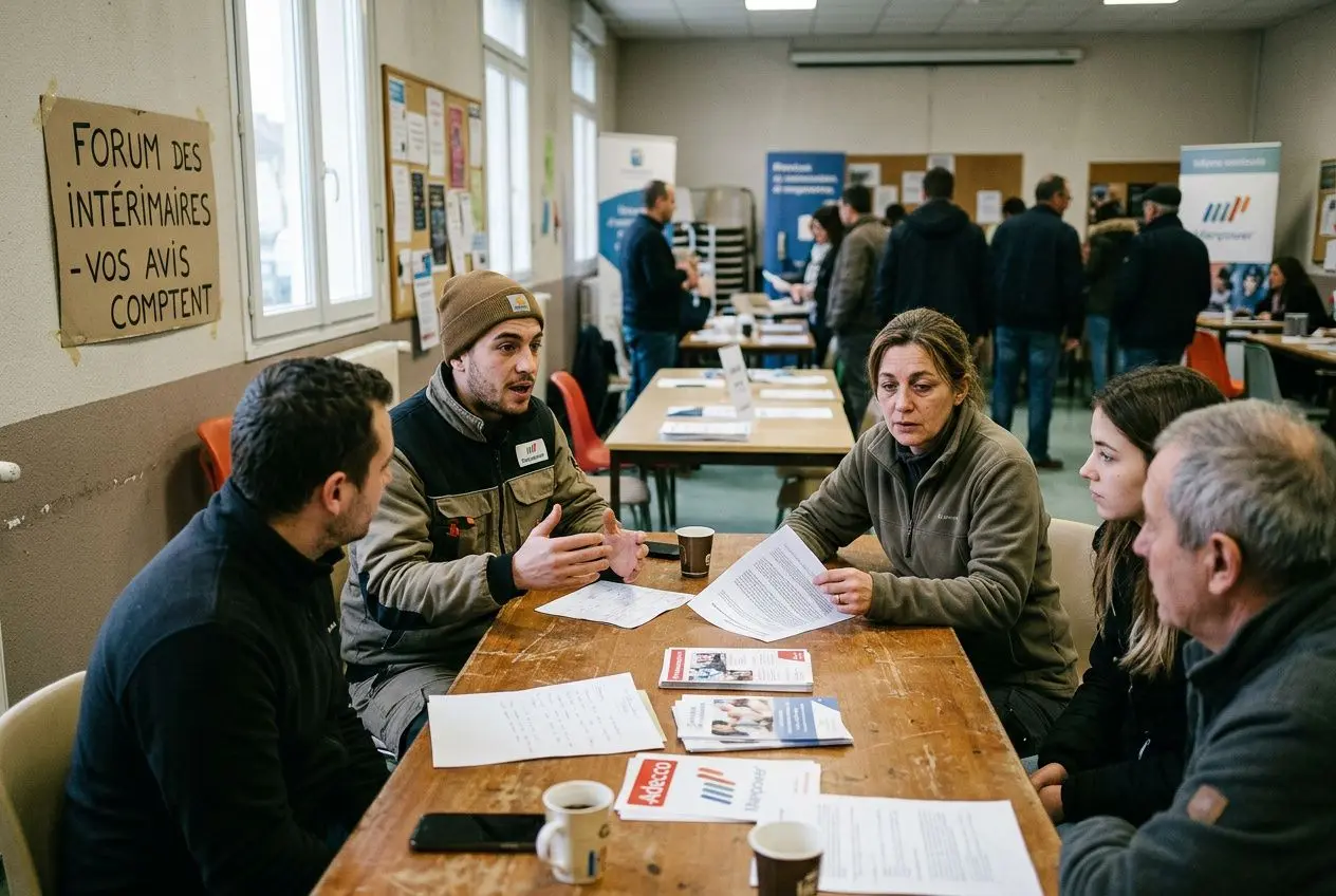Groupe de personnes discutant autour d'une table lors d'un forum, échange autour du CDI intérimaire témoignage et avis.