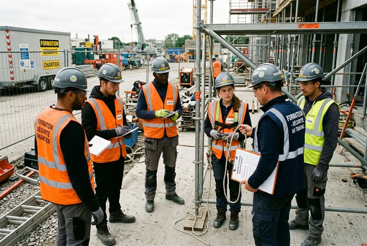Groupe de professionnels sur un chantier, réunions et échanges autour d’un plan, casque et gilets orange de sécurité visibles, vérification des procédures. onboarding travailleur intérimaire intégré.
