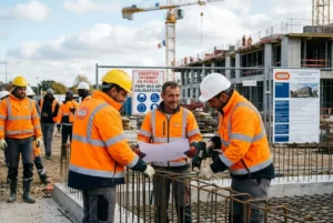 Groupe de travailleurs roumains en France sur un chantier, contrôle des plans par des ouvriers en gilets orange et casques blancs, signe de sécurité visible.