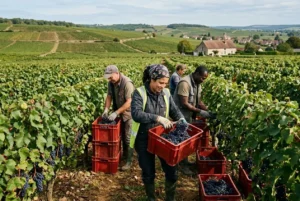 Homme et femmes en vignes récoltant des grappes dans un vignoble, sacs rouges prêts à être transportés, paysage rural en arrière-plan. intérim agricole france.