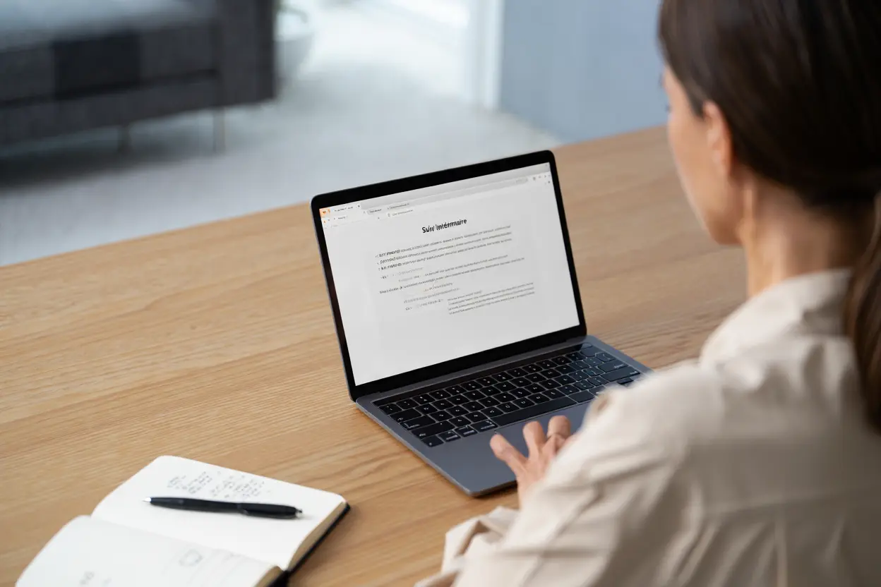 Jeune professionnelle travaillant sur un ordinateur portable, avec carnet et stylos sur le bureau, prêt pour l'onboarding travailleur intérimaire.
