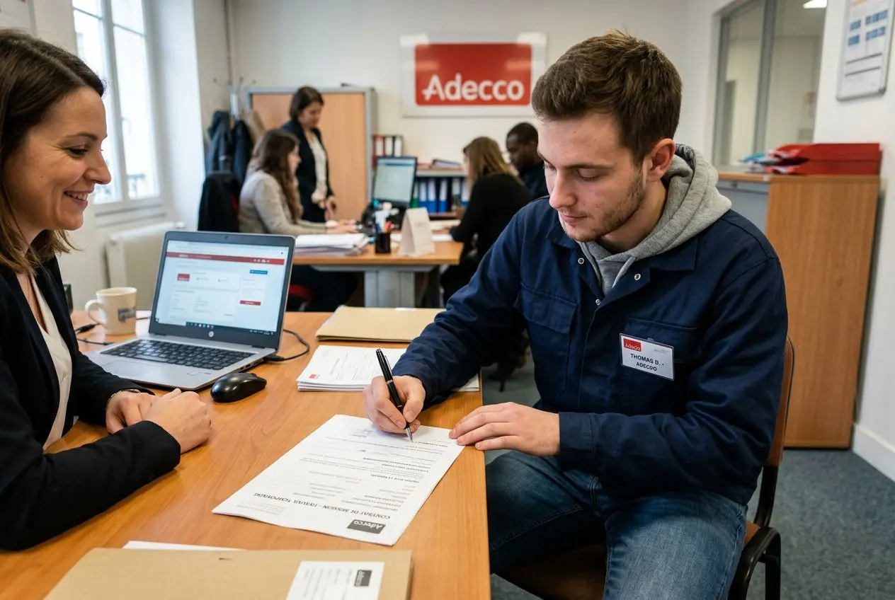 Personne signe un contrat pendant un entretien au bureau, ambiance professionnelle et échanges sérieux. Alt text: CDI intérimaire témoignant des démarches.