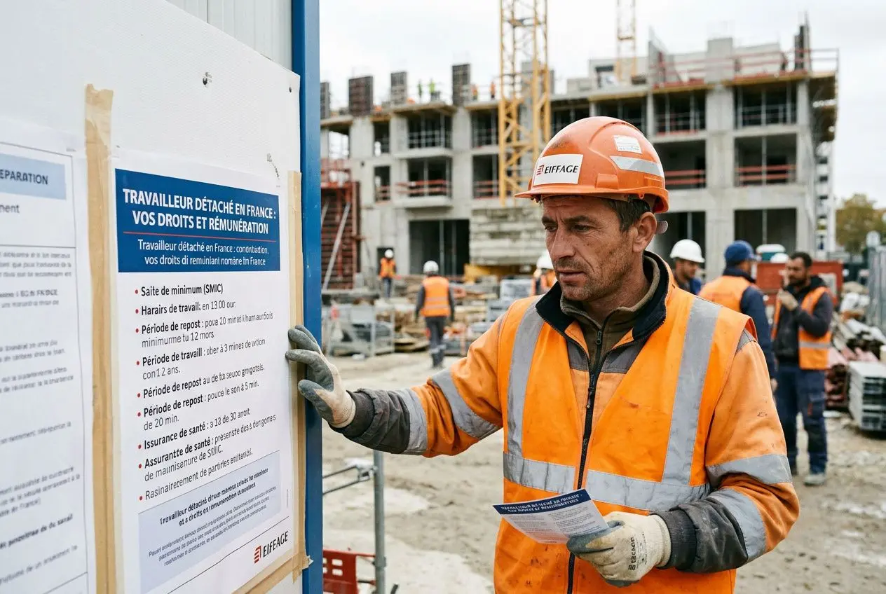 Travailleur sur chantier en orange, lisant une affiche d’obligations et droits du travailleur détaché en France sur un panneau à côté d’un bâtiment en construction. travailleur détaché en france réglementation.