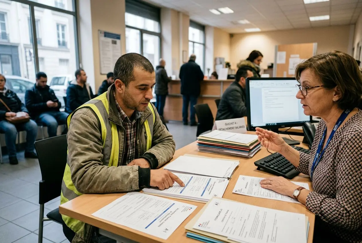 Un travailleur détaché en France consulte des documents administratifs avec une agente au comptoir d’accueil, échanges et formulaires sur le bureau.