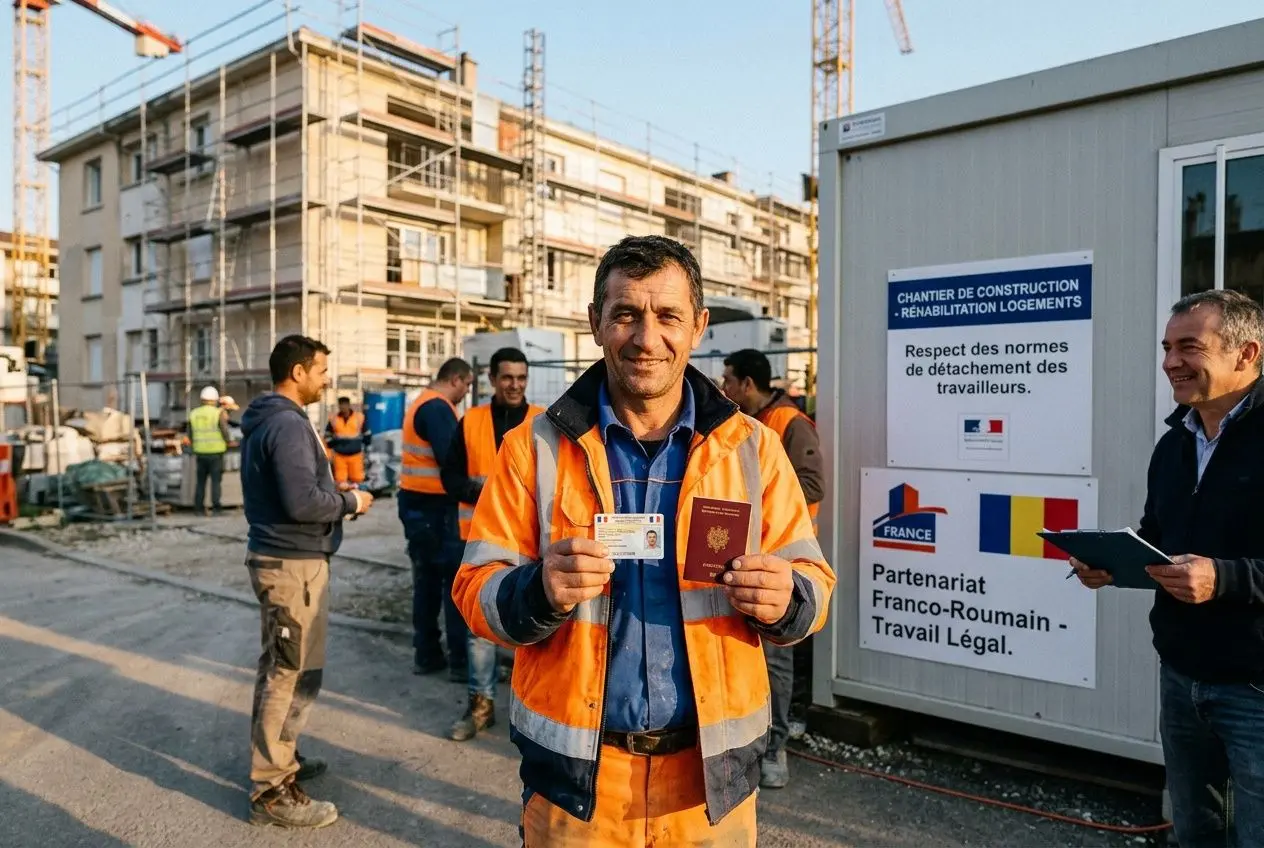 Travailleurs sur un chantier, homme au centre tenant passeport et carte d’identité, pancartes bilingues France-Roumanie sur le droit au travail.