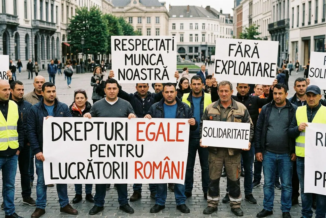 Des travailleurs protestent en rue, tenant des pancartes multilingues demandant le respect, la solidarité et les droits des travailleurs roumains.