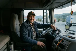Conducteur chauffeur roumain au volant d’un camion, sourire détendu, tableau de bord et GPS visibles, vue latérale du cockpit.