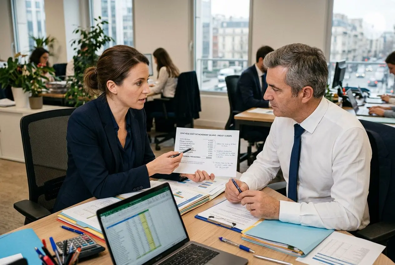 Deux professionnels discutent dans un bureau, échange d’un document imprimé pendant qu’un seul écran affiche des données et des dossiers. Avantages travailleurs détachés entreprise.