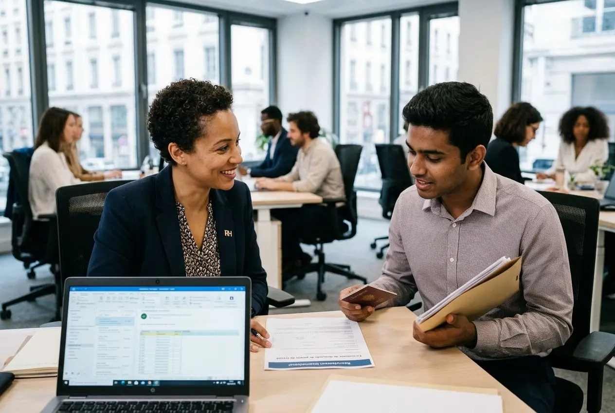 Deux professionnels discutent lors d’un entretien ou d’une réunion en open space, avec un ordinateur portable ouvert sur le bureau.