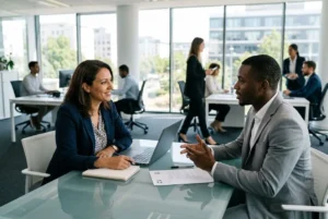 Deux professionnels en entretien dans un bureau lumineux, échange autour d’un dossier et d’un ordinateur, prêt à discuter du recrutement. Comment recruter du personnel qualifié.
