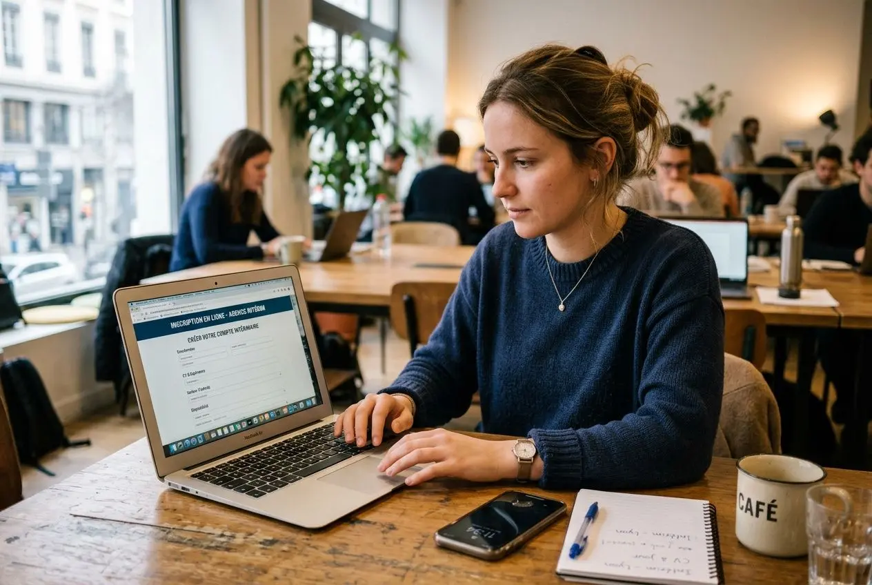 Femme travaillant sur un ordinateur portable dans un café, tableau de bord d’inscription en agence intérim affiché, ambiance de coworking. inscription agence intérim france.