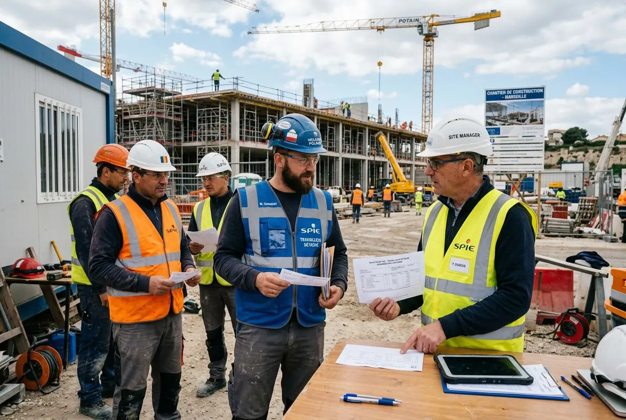 Groupe d’employés sur un chantier, échange de documents avec un superviseur portant un casque jaune et veste fluorescente, arrière-plan bâtiments en construction et grue. intègre "comment embaucher travailleurs détachés" de manière naturelle.