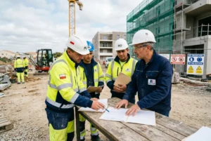 Groupe d’ouvriers sur un chantier signant des documents, sous casque et gilets jaunes, échange autour d’un plan de travail. comment embaucher travailleurs détachés