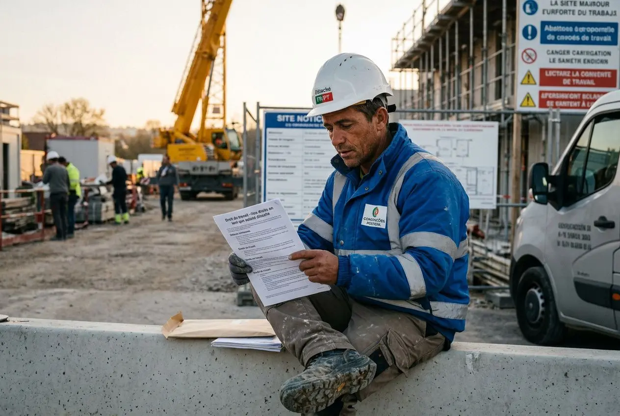Homme sur un chantier lisant un document, portant casque et gilet bleu, sous un site de construction avec grues et panneau de sécurité. Avantages travailleurs détachés entreprise.