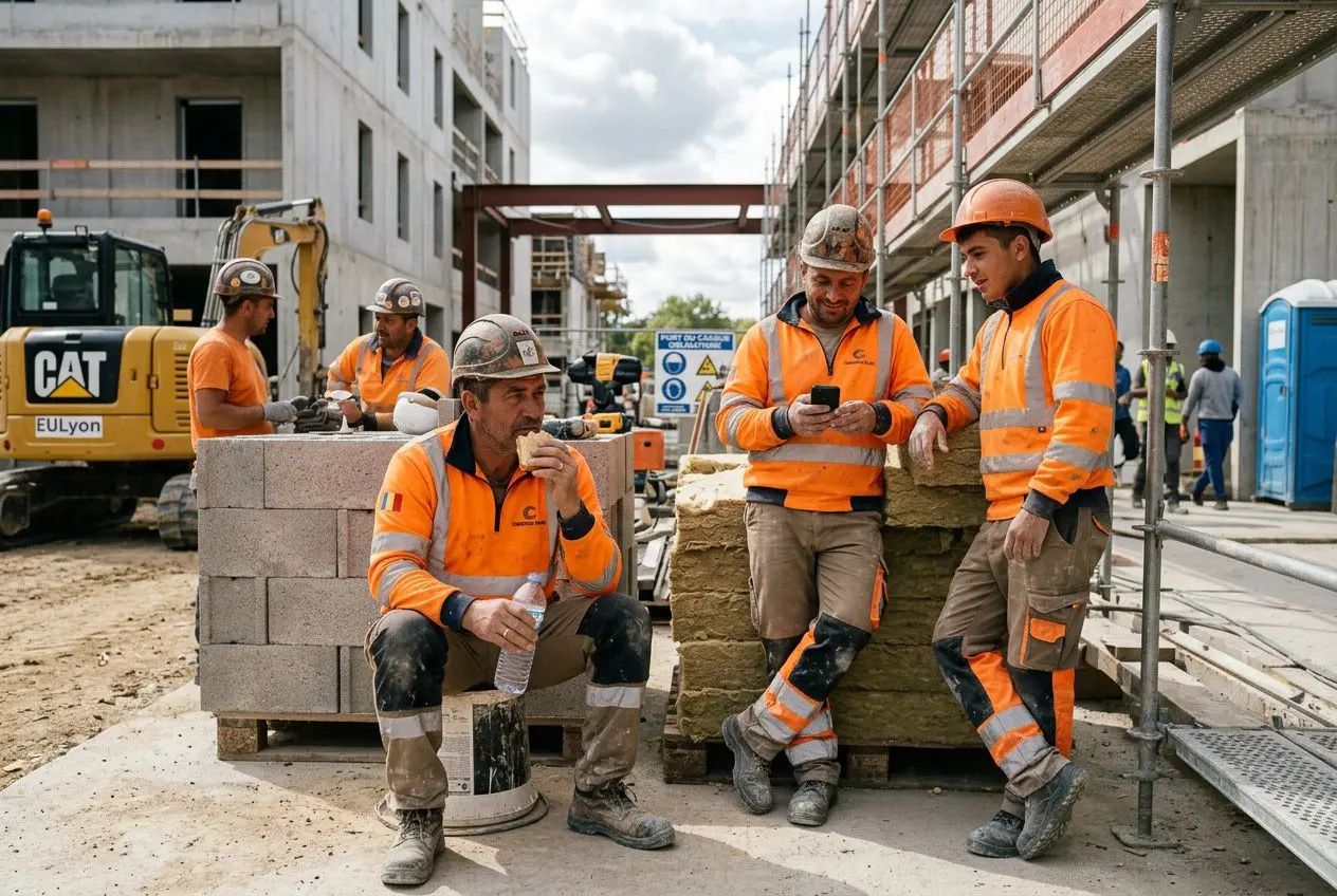 Quatre ouvriers en gilet orange et casques discutent sur un chantier, avec des blocs de construction et une pelleteuse en arrière-plan.