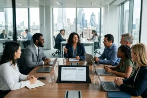 Réunion d'équipe internationale autour d’une table, échanges et laptops, promoteur au centre discutant des compétences professionnelles en contexte international.