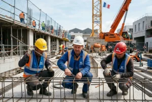 Trois ouvriers sur un chantier posant et pliant des armatures en acier, casque et gilet de sécurité, travaux de construction en avant-plan. Avantages travailleurs détachés entreprise.
