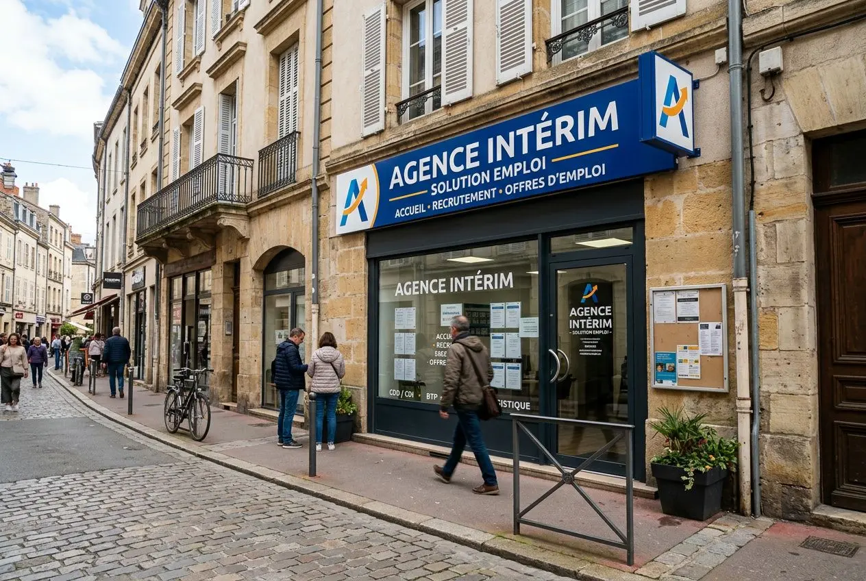 Agence intérim en façade de boutique, façade bleue et enseigne “Agence Intérim”, personnes entrant et sortant sur une rue pavée française. intègre le mot-clé: comment fonctionne une agence d'intérim.