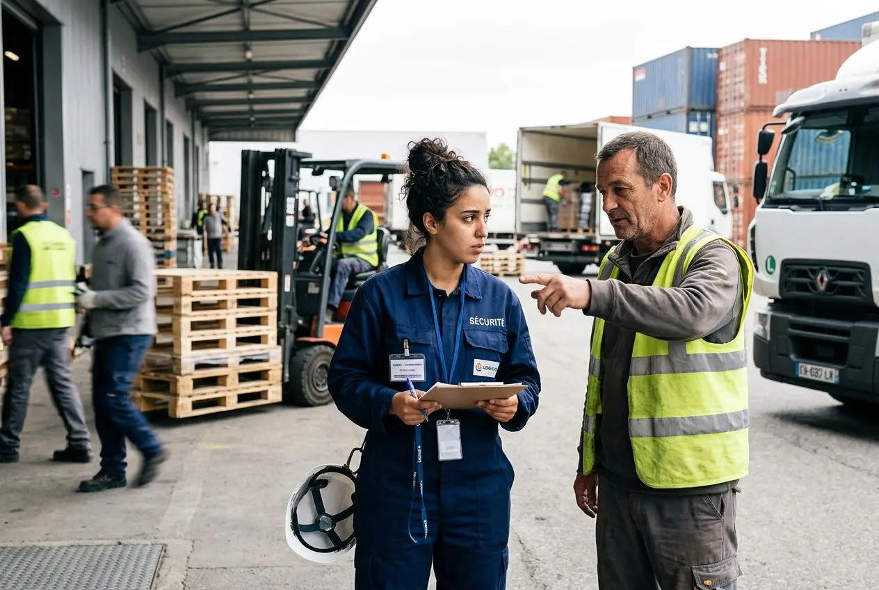 Comparution d’un superviseur expliquant des procédures à une intérimaire sur le site logistique, avec chariot élévateur et camions en arrière-plan. onboarding travailleur intérimaire efficace