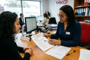 Deux femmes au bureau consultent des documents: une intérimaire en entretien et une conseillère avec un casque et des papiers, autour d’un contrat intérim salaire.