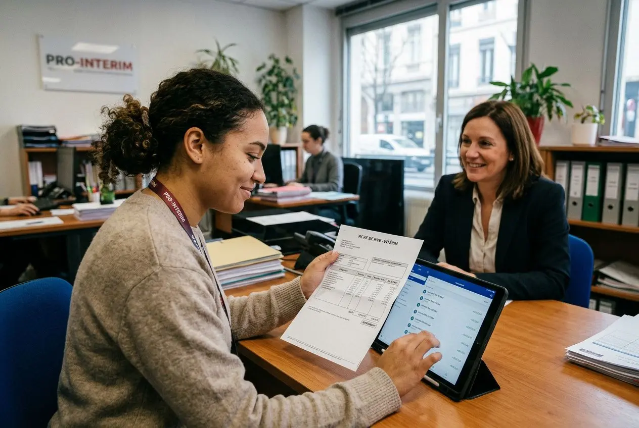 Deux intérimaires en agence: une salariée examine un document de calcul sur un bloc-notes avec une tablette, échangeant sur le salaire. Contrat intérim salaire.