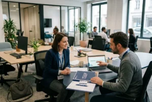 Deux professionnels discutent autour d’un bureau partagé, échange chaleureux et documents en main, dans un espace bureau moderne. Onboarding travailleur intérimaire efficace.