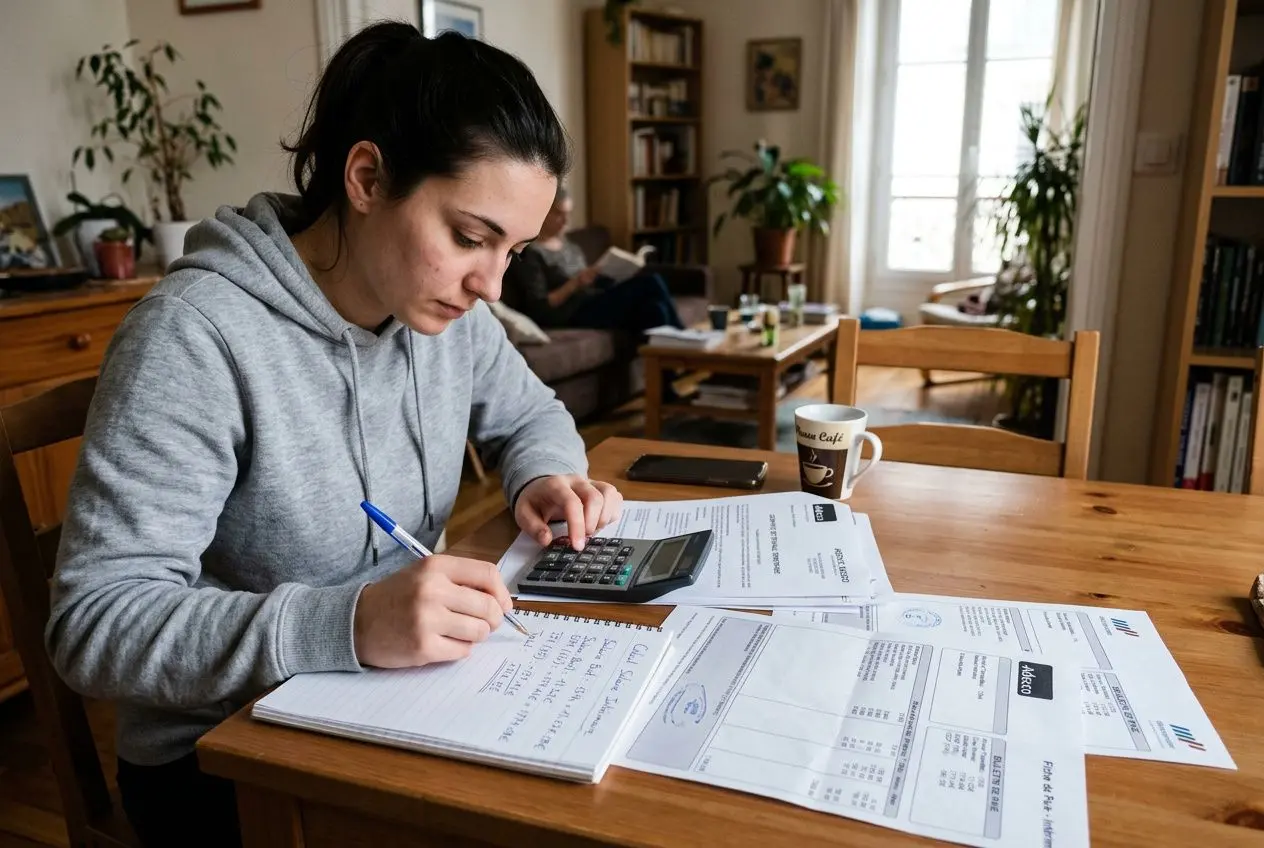 Femme assise à une table, écrivant dans un carnet près de documents et d’un calculatrice, casáée par un intérieur lumineux. contrat de travail temporaire avantages et inconvénients