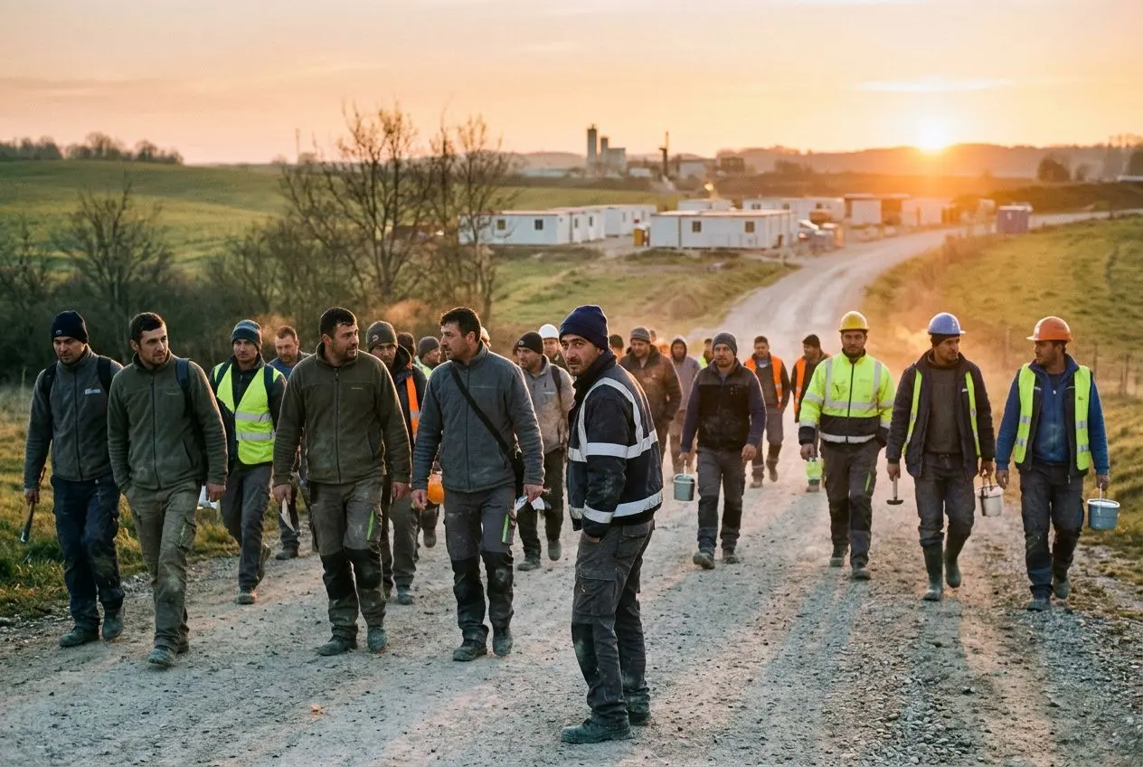 Groupe de travailleurs en extérieur, certains en gilet réfléchissant, marchant sur une route de chantier au coucher du soleil. main d'œuvre roumaine en france est évoquée de manière générale.