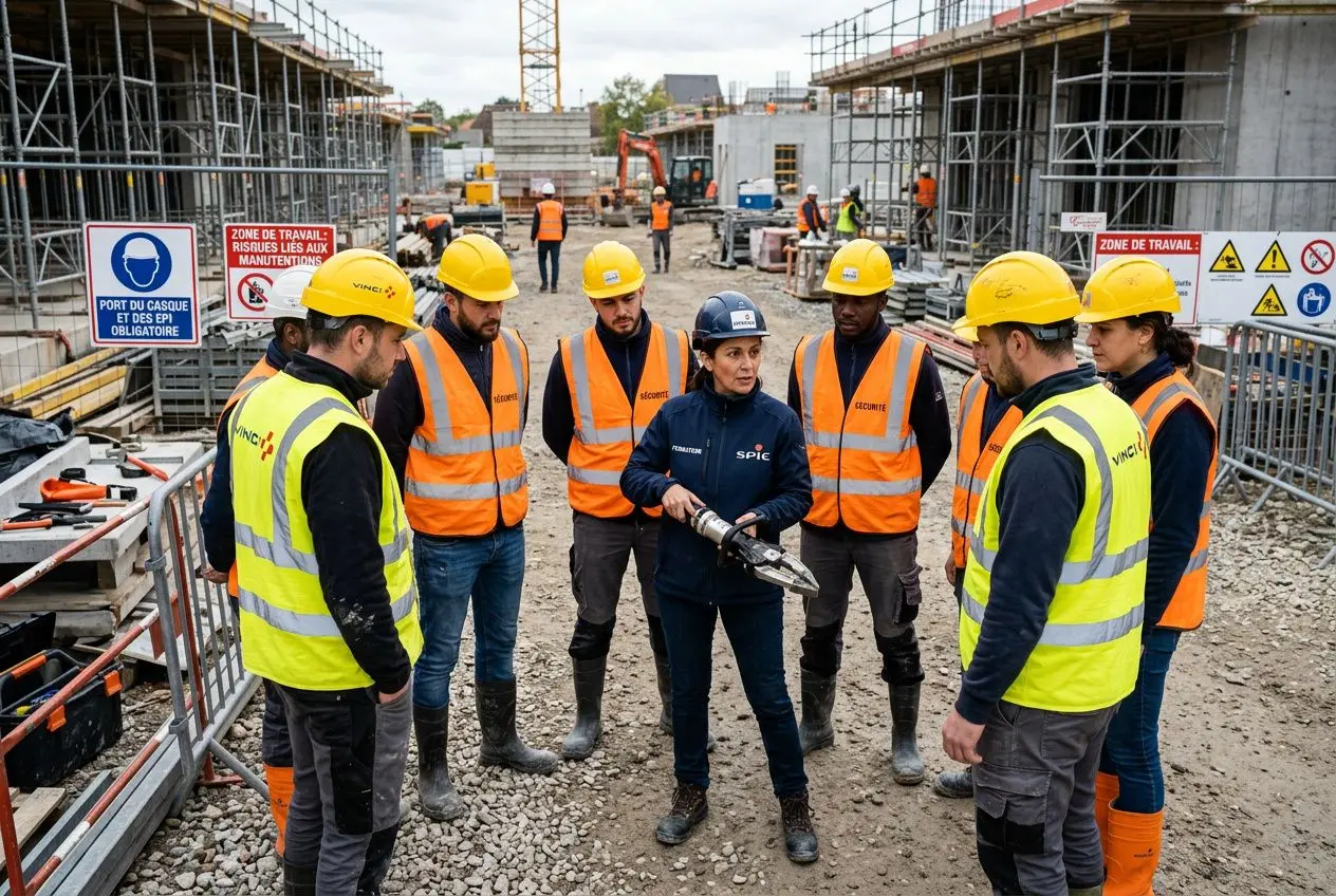 Groupe de travailleurs intérimaires portant casques et gilets, écoutant une consigne sur un chantier de construction. onboarding travailleur intérimaire efficace au cœur de la scène.