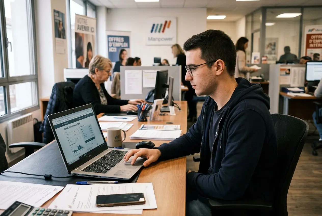 Jeune homme au travail sur ordinateur portable dans un bureau, entouré d’autres employés, en pleine activité administrative liée au contrat intérim salaire.