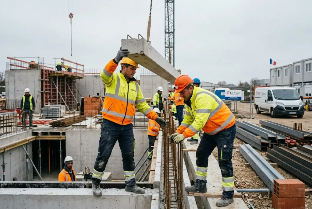 Main d'œuvre roumaine en France: travailleurs sur un chantier, dressant et posant des armatures en acier avec des équipements de sécurité orange et jaune.