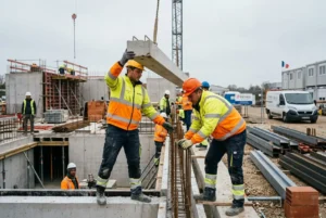 Main d'œuvre roumaine en France: travailleurs sur un chantier, dressant et posant des armatures en acier avec des équipements de sécurité orange et jaune.