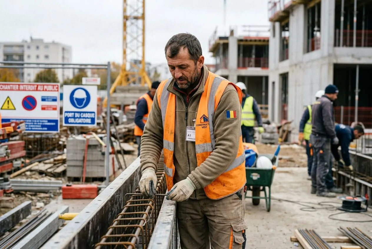 Ouvrier sur un chantier en veste orange, travaillant avec des barres d’armature et outils, au milieu d’un site de construction en France.