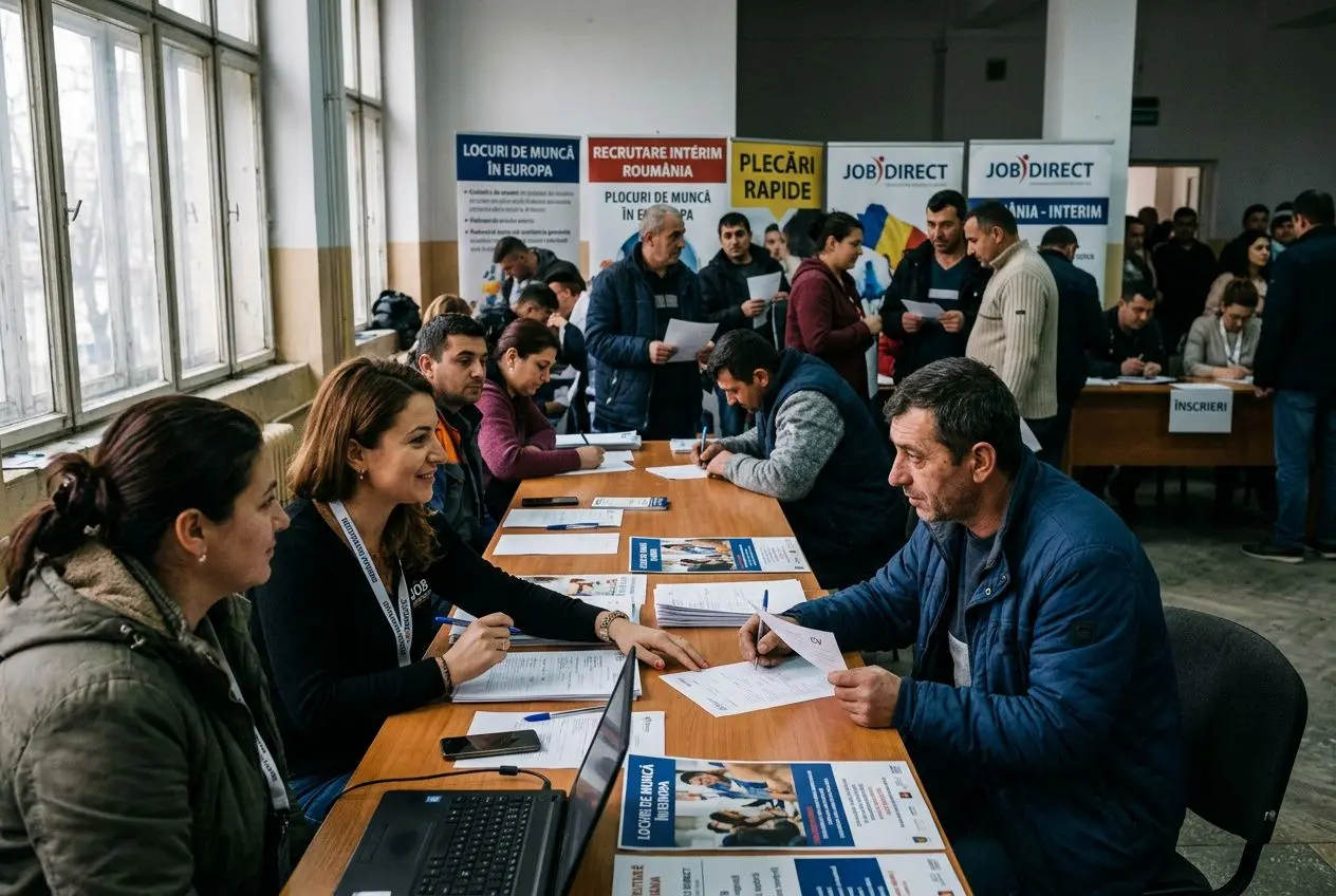Professionnels discutant et remplissant des formulaires lors d’un salon de recrutement, panneaux affiches “Recrutare intérim roumain” en arrière. main d'œuvre roumaine en france intégrée.